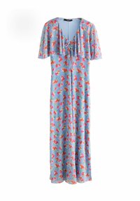 Světle modré šaty s volánovými rukávy, zdobené živými červenými a růžovými květinovými vzory. Stahování na krku dodává eleganci.