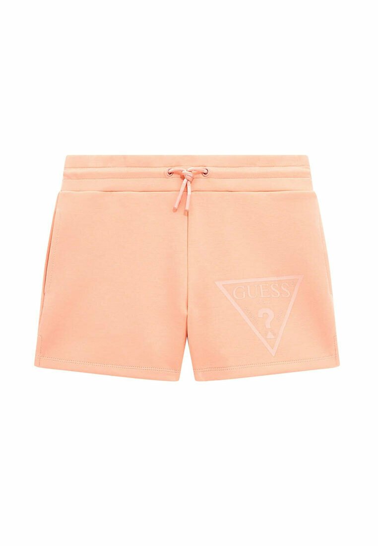 Shorts de sport couleur pêche avec une taille élastique, un cordon de serrage et un logo triangulaire en relief sur le côté gauche à l'avant. Texture douce.