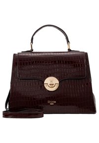 Handväska i burgundy med krokodilsmönster, guldtonad lås, dubbla handtag och avtagbar axelrem. Slät, glänsande textur.