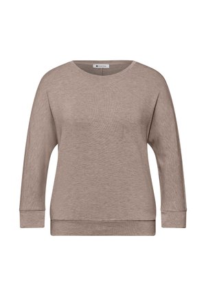 Pull taupe à manches longues avec col rond, poignets et ourlet côtelés, présenté à plat sur un fond blanc.