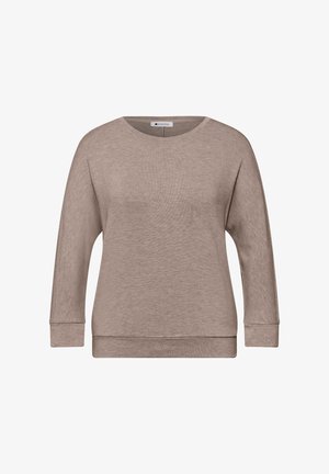 Taupe long-sleeve crew neck sweater with ribbed cuffs and hem, shown flat on a white background.