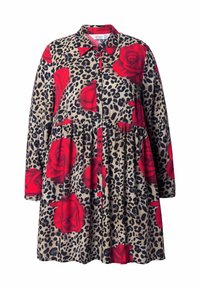 Abito button-up con stampa leopardo beige e grandi motivi di rose rosse, maniche lunghe e vita arricciata. Tessuto morbido.