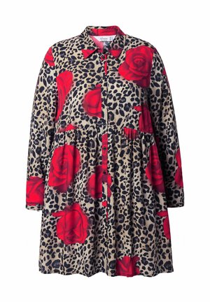 Abito button-up con stampa leopardo beige e grandi motivi di rose rosse, maniche lunghe e vita arricciata. Tessuto morbido.