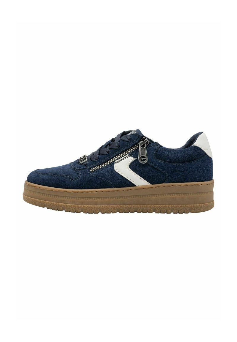 Navy suede sneaker with white accent, textured surface, thick gum sole, and side zipper detail. Lace-up design with contrasting laces.
