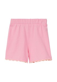 Roze katoenen shorts met een elastische tailleband en een gegolfde zoom, voorzien van een contrasterende lichtgele afwerking aan de randen.
