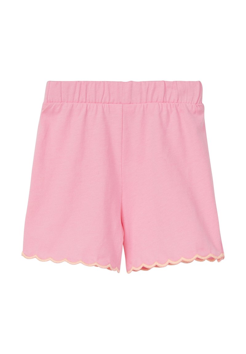 Roze katoenen shorts met een elastische tailleband en een gegolfde zoom, voorzien van een contrasterende lichtgele afwerking aan de randen.