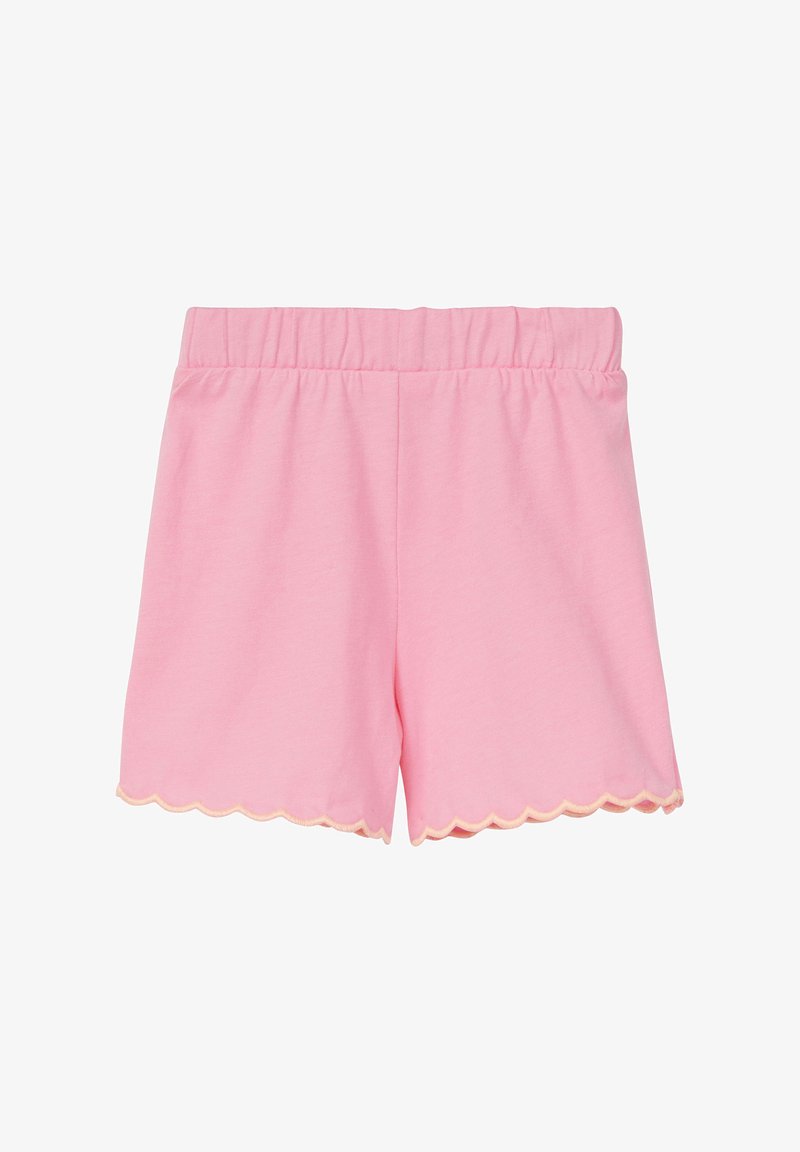 Roze katoenen shorts met een elastische tailleband en een gegolfde zoom, voorzien van een contrasterende lichtgele afwerking aan de randen.