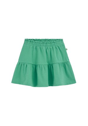 Jupe courte texturée verte avec taille élastique et ourlet volanté, adaptée à un usage décontracté.