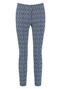Leggings bleu marine avec un motif abstrait en blanc et bleu clair. Ils ont une coupe ajustée et un tissu lisse et extensible.