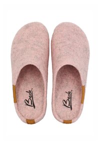 Pink felt slippers with a textured surface, featuring a rounded shape and minimalistic design. Brown leather accents at the heel.