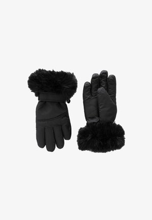 Schwarze isolierte Handschuhe mit Kunstfellbündchen, ausgestattet mit einem glatten Außenmaterial, Rutschfestigkeiten an der Handfläche und einem Fünf-Finger-Design für Beweglichkeit.