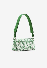 Borsa a tracolla verde con motivo floreale, fiori bianchi in rilievo, chiusura a zip e tracolla verde regolabile. Tessuto strutturato e design definito.