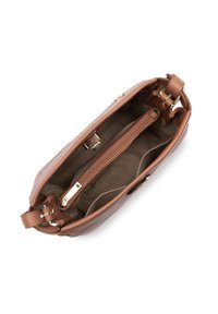 Braune Ledertasche mit strukturiertem Äußeren, goldfarbenen Beschlägen, innem Reißverschlussfach und einem weichen beigen Innenfutter. Kompakte, rechteckige Form.