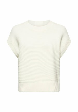 Kort hvid strikket ærmeløs sweater med ribbet kant og mønster af strukturerede, horisontale linjer.
