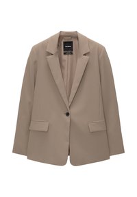 Beige single-button blazer with notch lapels, flap pockets, and smooth fabric, shown flat on white background.