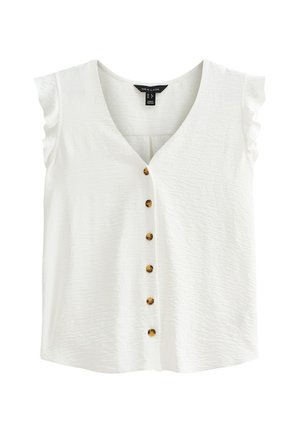 Witte top met korte mouwen en een V-hals, voorzien van vijf bruine knopen aan de voorkant en ruches aan de mouwen. Tijkstof met een zachte afwerking.