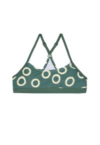 Top bikini verde con motivi floreali circolari gialli e bianchi. Presenta spalline regolabili e un design racerback. Tessuto morbido e elasticizzato.