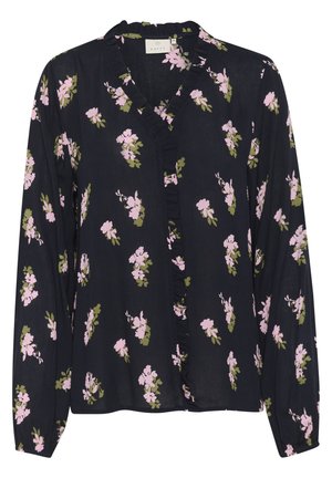 Czarna bluzka z długim rękawem, ozdobiona różowym wzorem kwiatowym, z falbanką przy dekolcie i zapięciem na guziki. Wykonana z lekkiego materiału.
