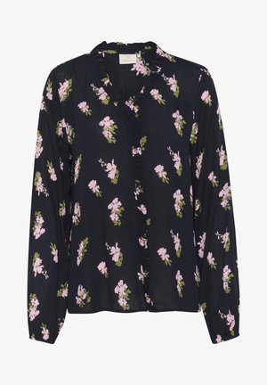 Long-sleeve black blouse with pink floral pattern, ruffled neckline, and button closure. Made from lightweight fabric.