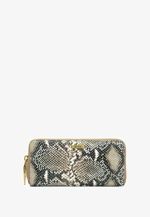 Długi portfel z wzorem w czarno-białe i beżowe węża. Gładka tekstura, złote akcesoria oraz zamek błyskawiczny.