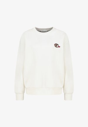 Weißes Sweatshirt aus weichem Stoff mit rundem Ausschnitt, gerippten Bündchen und einem kleinen gestickten Croissant- und Herzdetail auf der Brust.