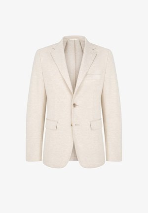 Beżowa marynarka jednorzędowa z wyciętymi klapami, dwoma przednimi kieszeniami z patkami, jedną kieszenią na piersi oraz dwoma guzikami z przodu.