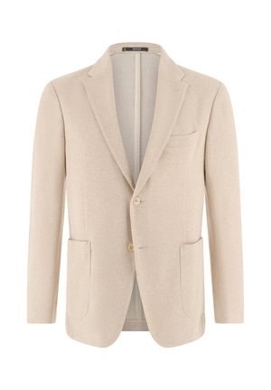 Vaaleanbeige miesten bleiseri, jossa kaksi etutaskua, yksirivinen, kahden napin kiinnitys ja lovelliset kaulukset, teksturoitu kangas.