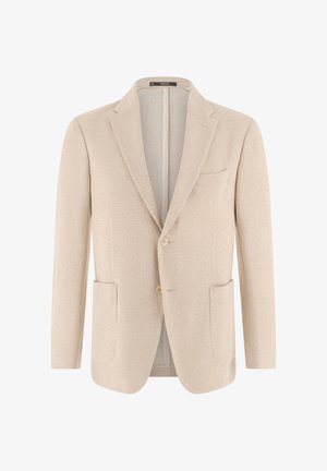 Vaaleanbeige miesten bleiseri, jossa kaksi etutaskua, yksirivinen, kahden napin kiinnitys ja lovelliset kaulukset, teksturoitu kangas.