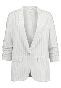 Blazer blanc rayé avec un col cranté, fermeture à bouton sur le devant et deux poches avant. Présente des manches roulées et un tissu texturé.