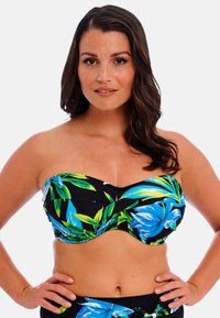 Zwarte bikinibovenstuk met levendige blauwe en groene tropische bloemmotieven, met een strapless ontwerp en geplooide voorkant.