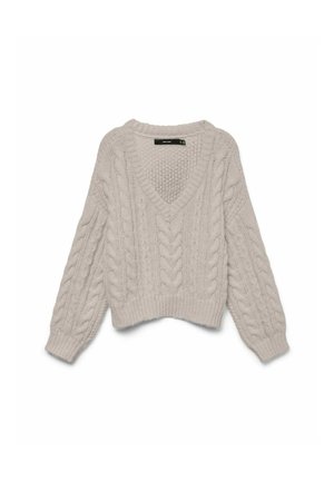 Maglione in misto lana color beige chiaro a lavorazione treccia con scollo a V, maniche lunghe e orlo a coste. Presenta un motivo testurizzato e una silhouette corta.