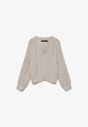 Gaiša beige krāsas adīta džemperis ar V veida kakla izgriezumu, garām piedurknēm un ribotu apakšmalu. Piedāvā teksturētu rakstu un īsu siluetu.