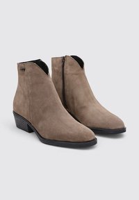 Brown suede ankle boots with a pointed toe, side zipper, and low stacked heel. The design features a notch at the front for ease of wear.
