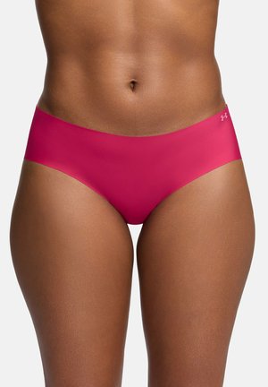 Pink seamless hipster briefs with a smooth texture, mid-rise design, and a small branded logo on the waistband.