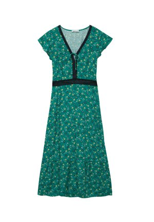 Vestido midi verde con estampado floral, mangas tipo capa, escote en V, ribete de encaje negro en la cintura y el escote, y detalle de lazo en la parte delantera.