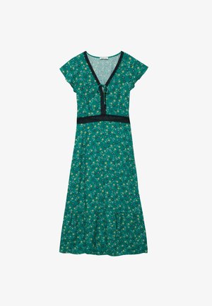Robe mi-longue verte à motif floral avec manches courtes, encolure en V, bordure en dentelle noire à la taille et à l'encolure, et détail noué à l'avant.
