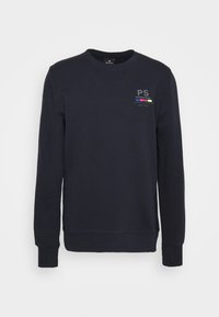 Sweat-shirt bleu marine à manches longues, col rond, avec petit logo "PS International" et bandes colorées sur la poitrine gauche.