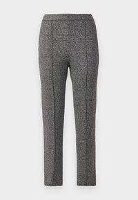 Sive hlače iz tkanine tweed z teksturirano površino, s pravim krojem, stranskima žepoma in šivi ob sprednjih šivih.