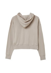 Hoodie cropped beige con maniche lunghe e polsini a costine, mostrato di spalle su uno sfondo bianco.