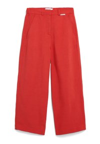 Breda byxor i röd linne. Funktioner inkluderar framfickor och en slät yta. Totalt sett en minimalistisk design med en ren finish.