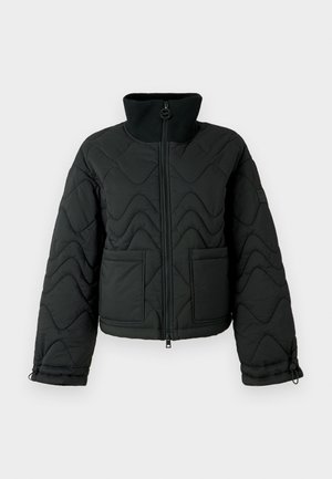 Sort quiltet jakke med høj krave, lynlåslukning og to frontlommer. Tekstureret stof med let, polstret design.