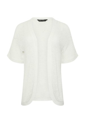 Cardigan corto a maniche corte lavorato a maglia bianco con apertura frontale e orlo arrotondato con trama visibile, etichettato M&Co.