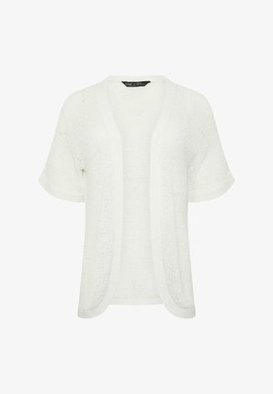 Biały dziergany kardigan z krótkim rękawem, z otwartym przodem, zaokrąglonym dołem i widoczną fakturą, oznaczony marką M&Co.