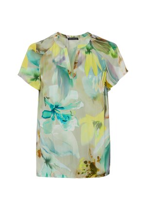 Let og kortærmet bluse med akvarel blomsterprint i nuancer af teal, gul, grøn og beige, med en delt halsudskæring.