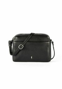 Czarna skórzana torba na ramię z fakturowaną powierzchnią, zamek błyskawiczny, regulowany pasek oraz małe srebrne logo z przodu.