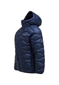 Navy blue padded jacket with a hood, featuring a wave pattern, front zipper, and gray brand logo on the upper left side.