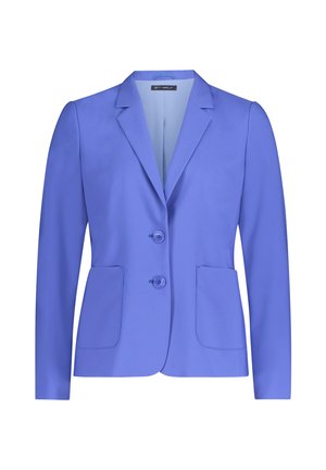 Damska marynarka na miarę w jasnoniebieskim kolorze, z klapami z wycięciem, dwoma naszywanymi kieszeniami z przodu i zapięciem na dwa guziki.