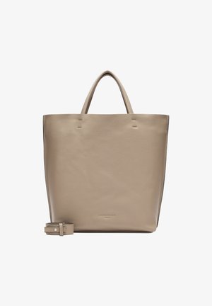 Beige leather tote bag with textured surface, flat handles, and an adjustable strap. Features minimalistic design with subtle branding at the base.