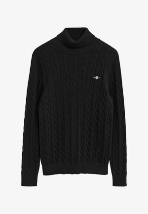 Suéter negro de punto trenzado con cuello alto y puños y dobladillo acanalados. Presenta un patrón texturizado y un pequeño logo en el pecho.