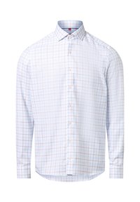 Biała koszula z długim rękawem, zapinana na guziki, w niebieską i jasnobrązową kratkę, z klasycznym, spiczastym kołnierzykiem.
